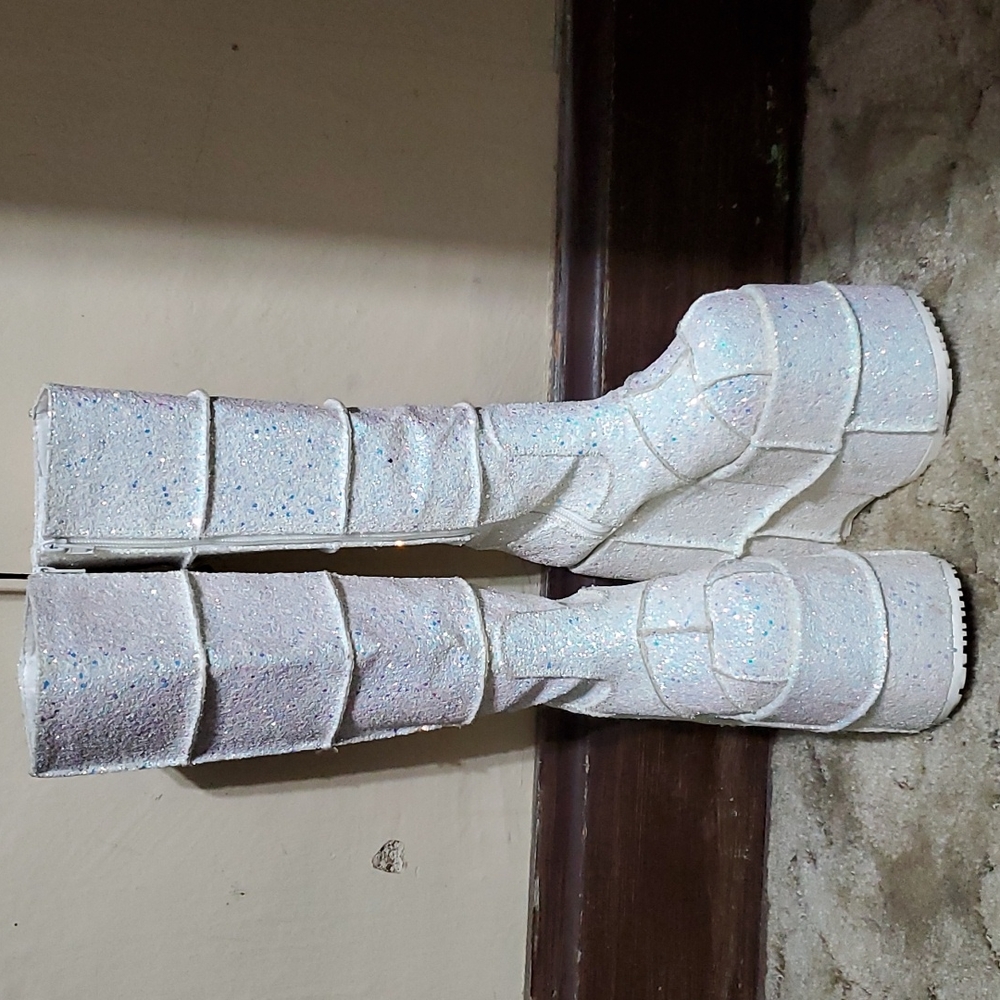 White glitter Demonia platform boots